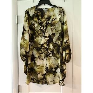 CATHERINES Blouse Women’s 2X Ruffle Abstract Camo Chiffon Floral Foliage Nature